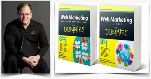 Photo of Marty Dickinson in Here Next Year shirt along side both Web Marketing All-in-One for Dummies (Wiley) book covers