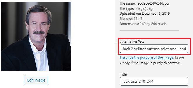 Image showing display field for alternative text and alt text for SEO for photos