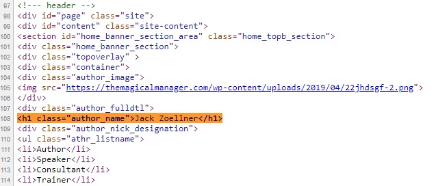 Image showing view source HTML of how an H1 Headline tag looks