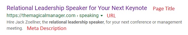 Display of Page Title, URL, and Meta Description to describe SEO component for professional speaker speaking page