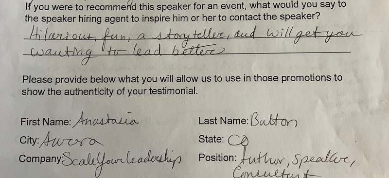 Example of public speaker audience testimonial form with written testimonial