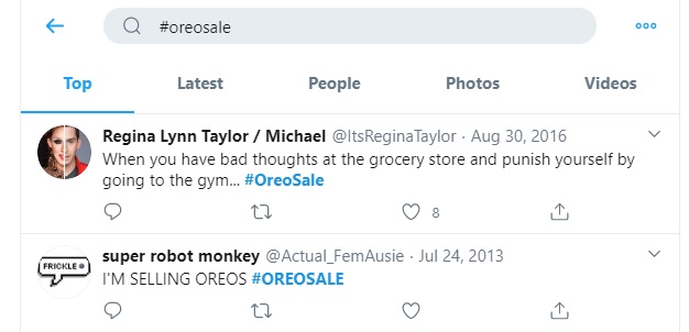 Hash Tag Example using search feature with hashtag before keyword OreoSale
