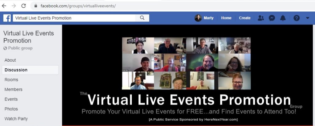 Virtual Live Events List header image showing Facebook Group
