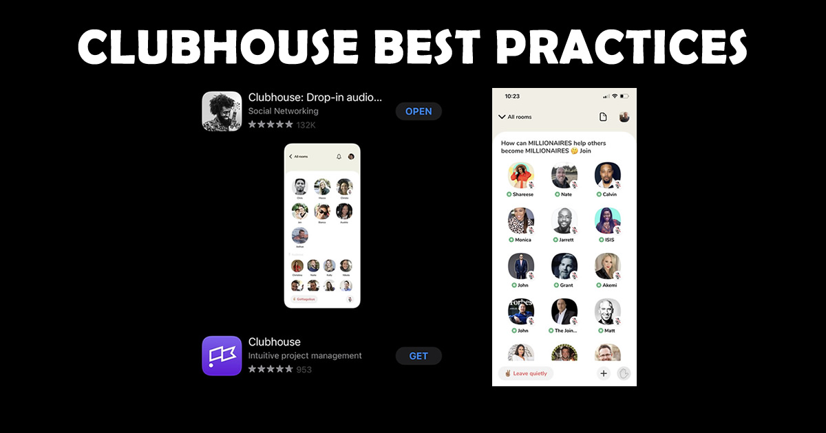 Clubhouse best practices image showing Clubhouse download app in App Store and what Clubhouse hallway looks like.