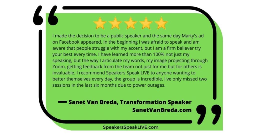 5-star review and testimonial for Speakers Speak LIVE professional speaker practice group by Dana Sanet Van Breda a transformation speaker