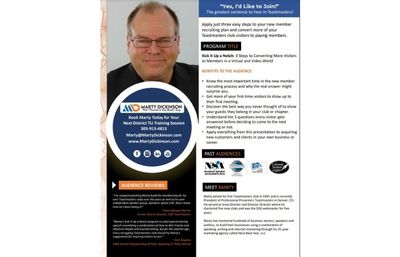 Marty Dickinson the Thumb in the Back Guy speaker one-sheet for Toastmasters club membership building